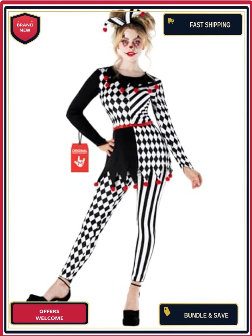 Jester Costume Women Long Sleeve Top Leggings Headband Halloween Harlequin